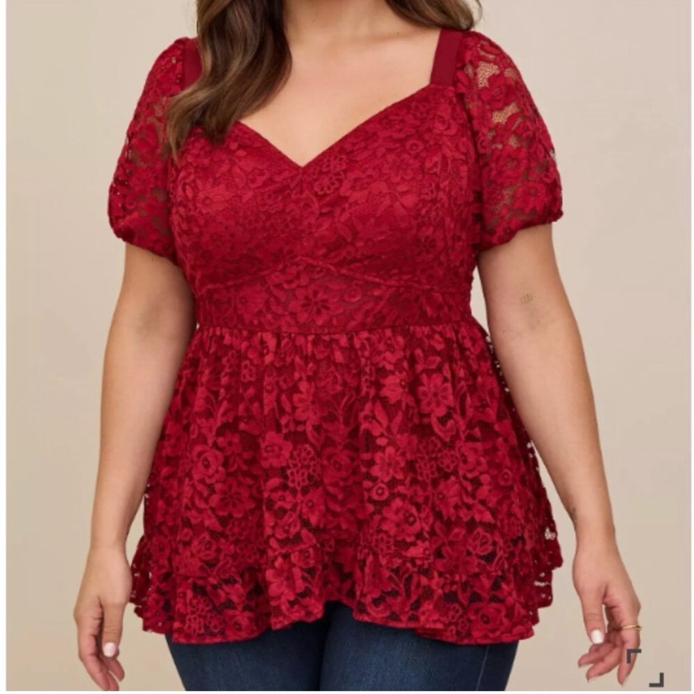 Torrid Red Lace Floral Blouse - Picture 1 of 9